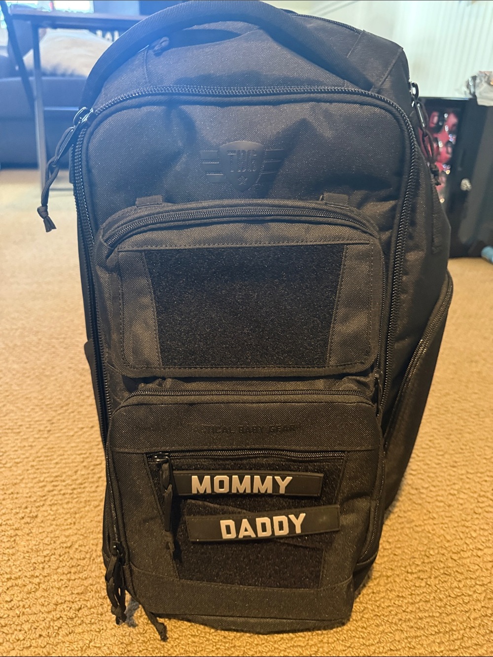 Versatile Black Tactical Backpack Gear diaper bag with Front Patch Panels